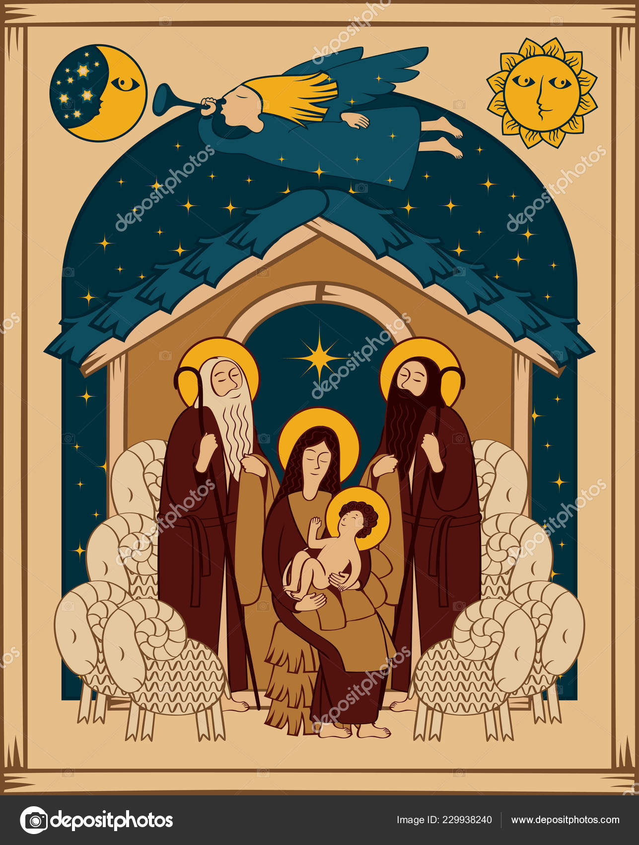 ベクトル図をテーマにクリスマスと新年のフラット スタイルで 神聖な家族とクリスマスの天使 クリスマスのキリスト降誕のシーン マギの礼拝  ストックベクター ©paseven 229938240, image size:1287x1700