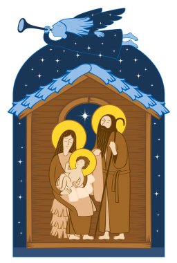 Vektör çiziminde tema Noel ve yeni yıl düz stil. Kutsal Aile ve Noel melek. Noel Doğum sahnesi