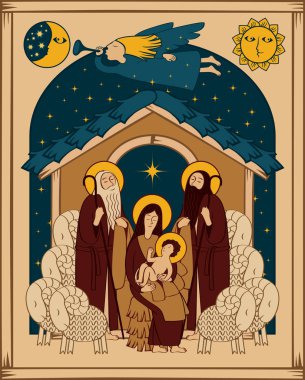 Vektör çiziminde tema Noel ve yeni yıl düz stil. Kutsal Aile ve Noel melek. Noel Doğum sahnesi. Magi hayranlığı