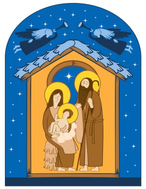 Vektör çiziminde tema Noel ve yeni yıl düz stil. Kutsal Aile ve Noel meleklerin. Noel Doğum sahnesi