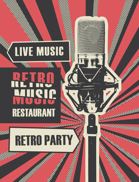 Vector banner or restaurant menu with live music decorated with realistic microphone on bright background with rays in retro style. Retro music restaurant