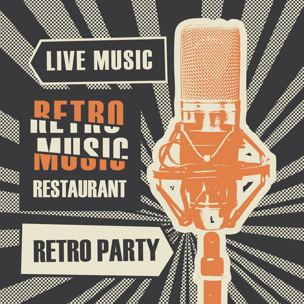 Vector banner or restaurant menu with live music decorated with realistic microphone on bright background with rays in retro style. Retro music restaurant