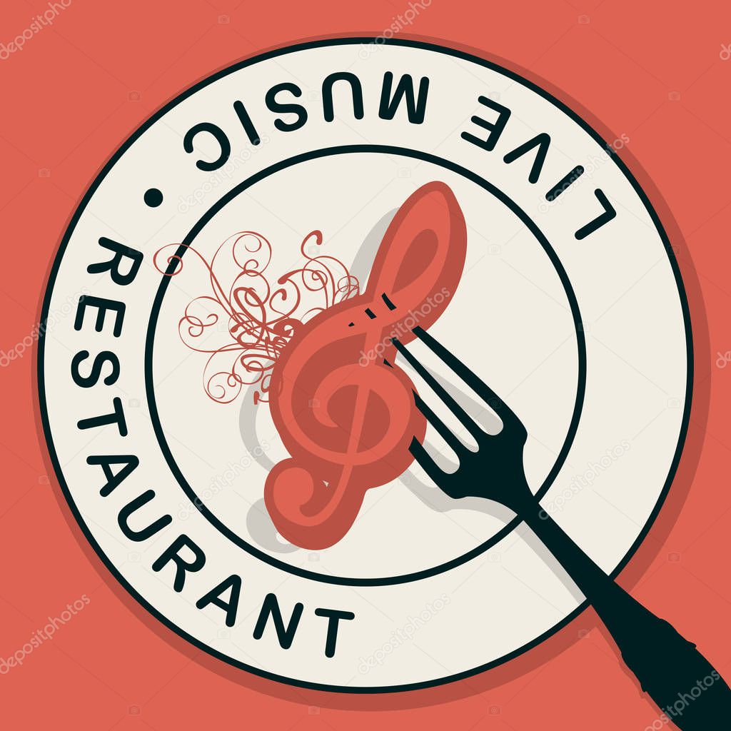 Vector menu or banner for restaurant with live music decorated with white plate and treble clef on a fork on a red background in retro style.