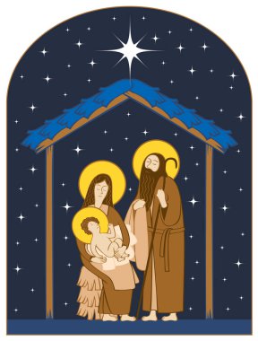 Vektör çiziminde tema Noel ve yeni yıl düz stil. Kutsal Aile ve ışıltılı Noel yıldızı. Noel Doğum sahnesi