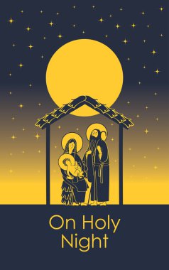 Vektör çiziminde tema Noel ve yeni yıl düz stil. Kutsal Aile ve ışıltılı Noel yıldızı. Noel Doğum sahnesi ile kelime üzerinde kutsal gece