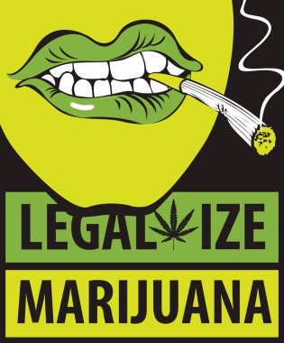 Kelime Legalize esrar esrar veya ağzına bir sigara ile insan ağzı ile vektör banner. Sigara ot. Uyuşturucu tüketimini