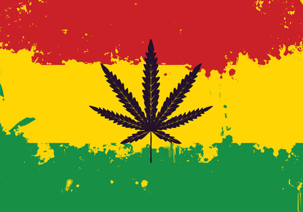 Vector banner for legalize marijuana with hemp leaf on abstract background of Rastafarian flag in grunge style. Natural product made from organic hemp. Smoking weed. Rasta flag