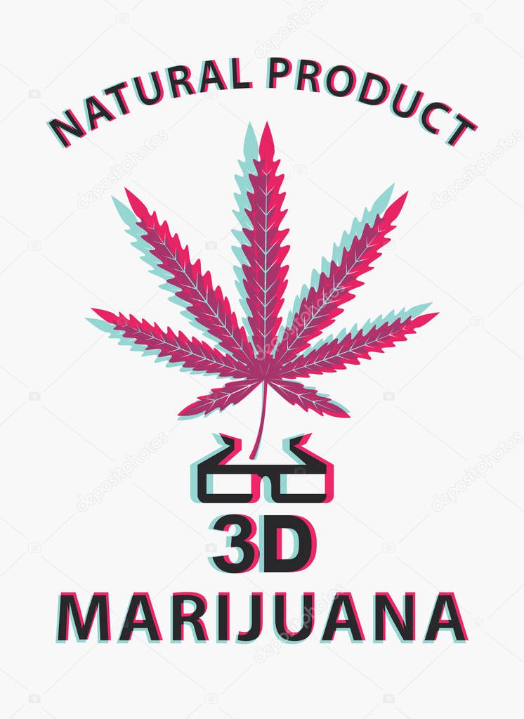 Vector banner on the theme of legalized marijuana with cannabis leaf and 3D glasses. Natural product made from organic hemp. Smoking weed