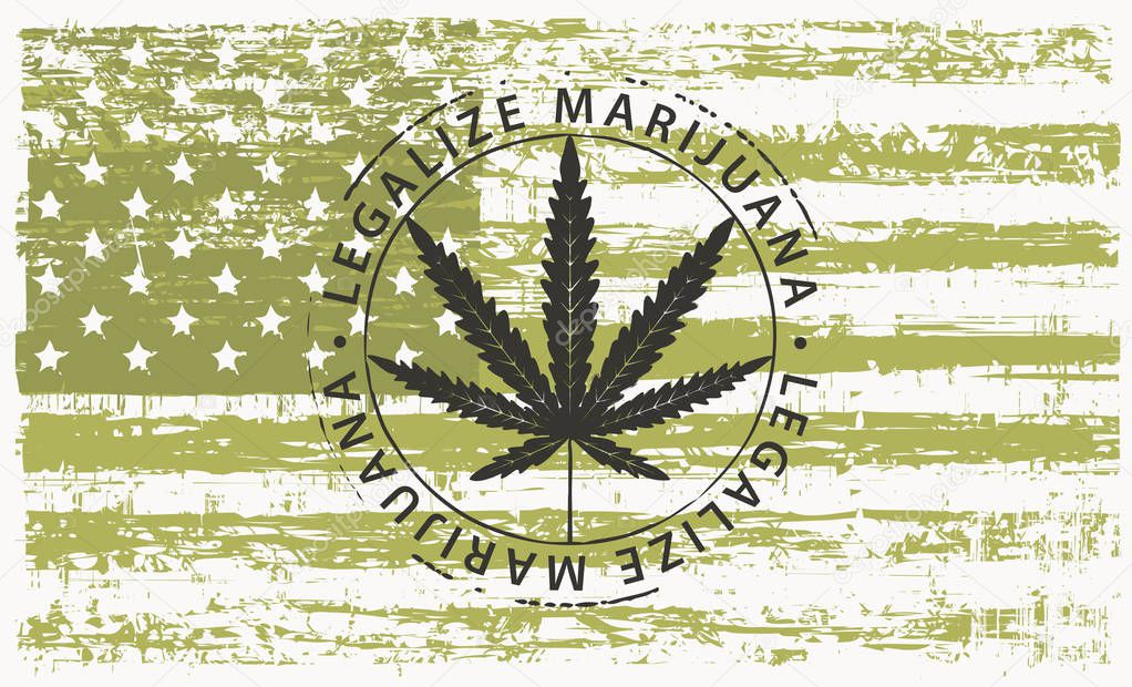 Vector banner for legalize marijuana with hemp leaf on abstract background of american flag in grunge style. Natural product made from organic hemp. Smoking weed. Medical cannabis logo