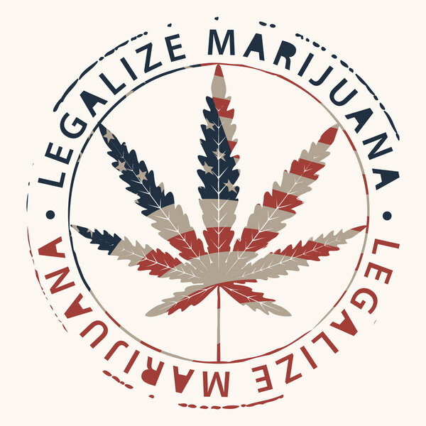 Vector banner for legalize marijuana with hemp leaf in colors of american flag in retro style. Natural product made from organic hemp. Smoking weed. Medical cannabis logo