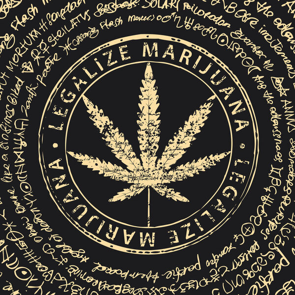 Vector banner for Legalize marijuana with cannabis leaf pattern on abstract background of illegible manuscript or old papyrus. Natural product made from organic hemp. Smoking weed