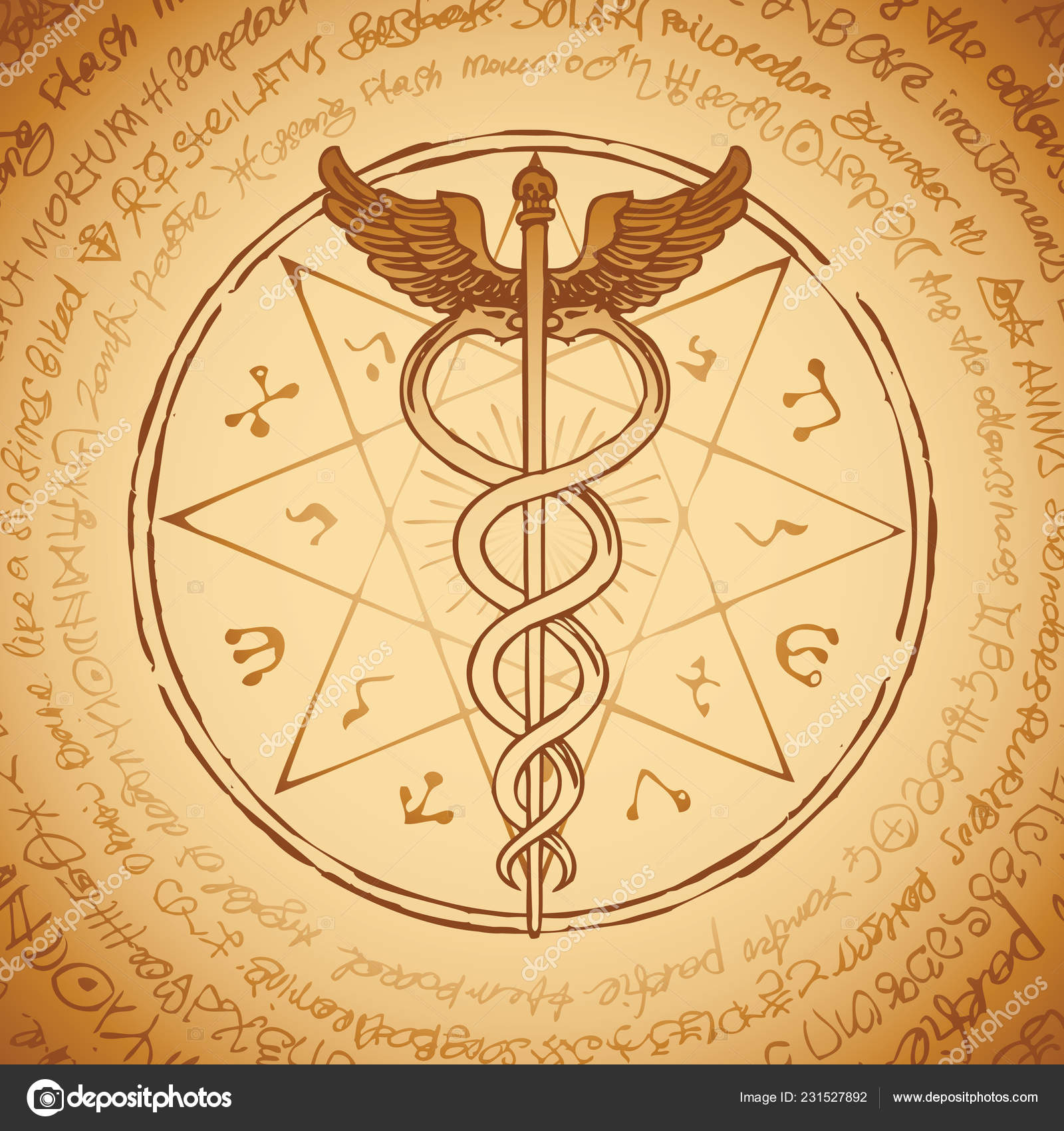 Vektorbanner Med Håndtrukket Hermes 'Stav Med Åttekantet Stjerne Kaduceus  Med stockvektor © paseven #231527892, image size:1600x1700