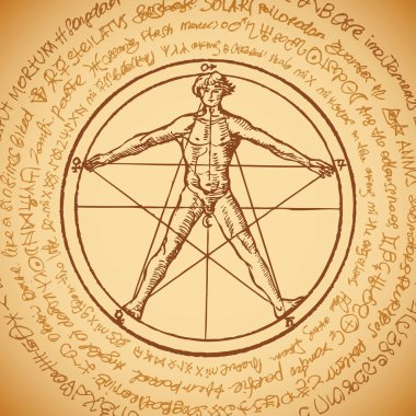 Vektör afiş Vitruvius gibi bir insan figürü ile Leonardo da Vinci bir pentagram dostum. Bir daire içinde yazılı bir eski okunaksız el yazması, arka planda vintage tarzı çizilmiş çizimde.