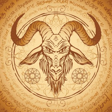 Vektör afiş bir boynuzlu keçi ve bir daire içinde yazılı pentagram Başkanı gösterimi ile. Satanizm Baphomet sembolü retro tarzı bir daire içinde yazılı eski el yazması arka plan üzerinde