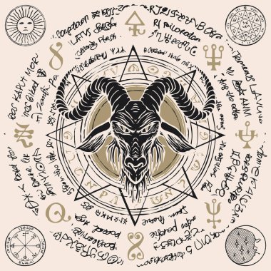 Vektör afiş bir boynuzlu keçi ve sekizgen yıldız bir daire içinde yazılı Başkanı gösterimi ile. Satanizm Baphomet sembolü eski el yazması bir daire içinde yazılı arka plan üzerinde