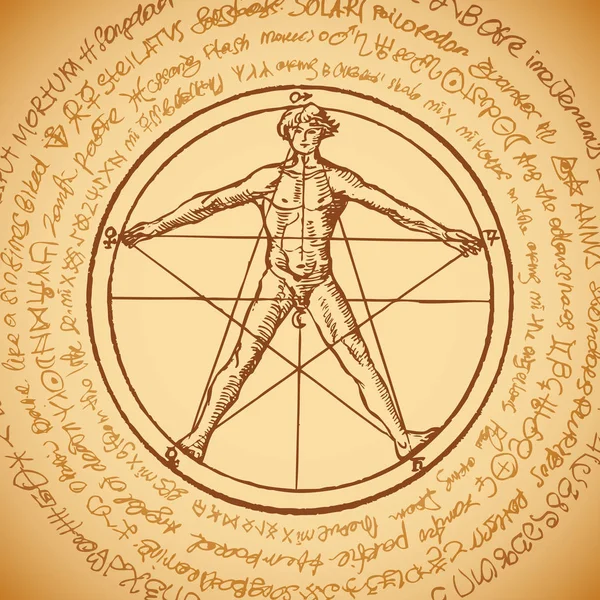 Vector Banner Med Människofigur Som Vitruvianske Mannen Leonardo Vinci Pentagram — Stock vektor