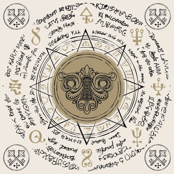 八角形星内的锁孔的插图 带有手写的魔法铭文和符号 向量横幅与在复古样式的老原稿写在一个圈子 — 图库矢量图片