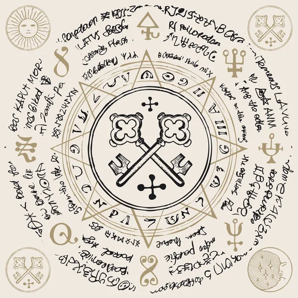 Иллюстрация Ключей Внутри Восьмиугольной Звезды Рукописными Магическими Надписями Символами Векторное — стоковый вектор