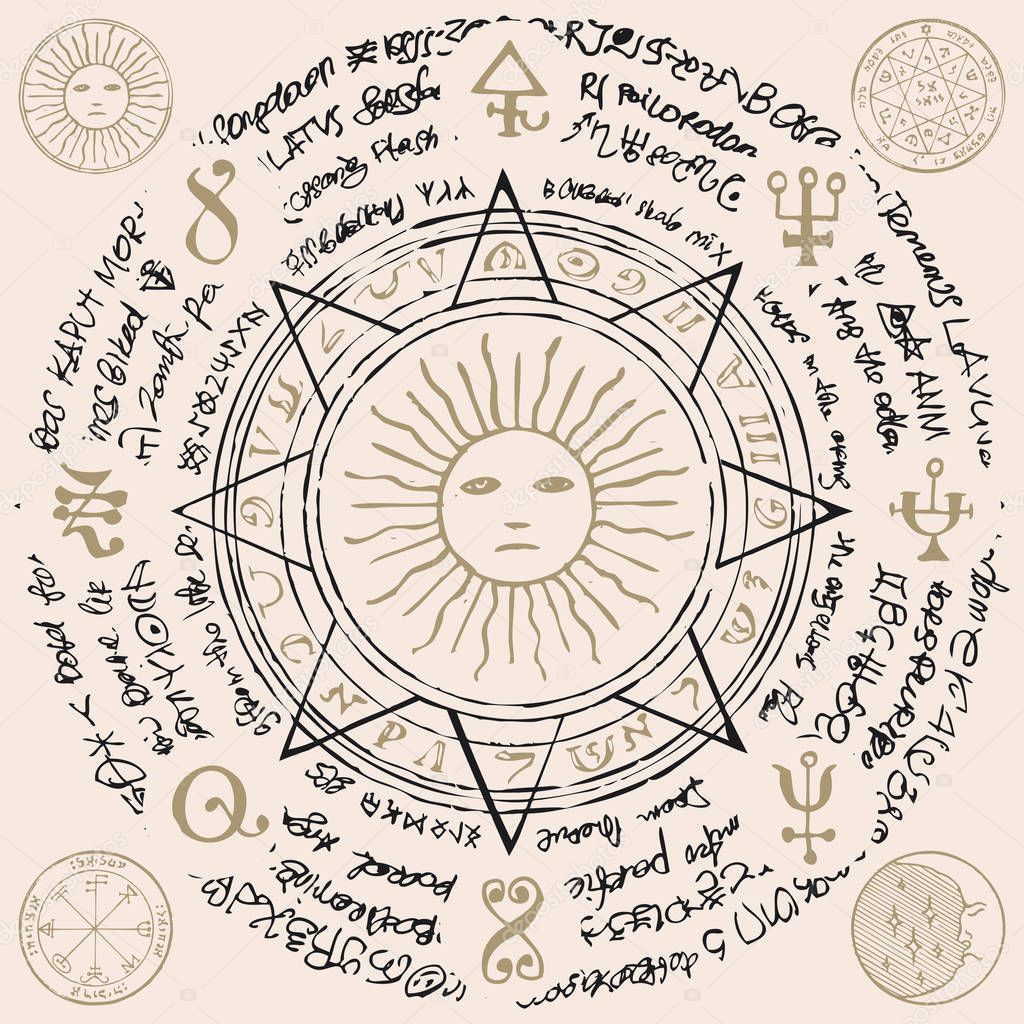Illustration of the sun in an octagonal star with magical inscriptions and symbols on the beige background. Vector banner with old manuscript in retro style written in a circle.