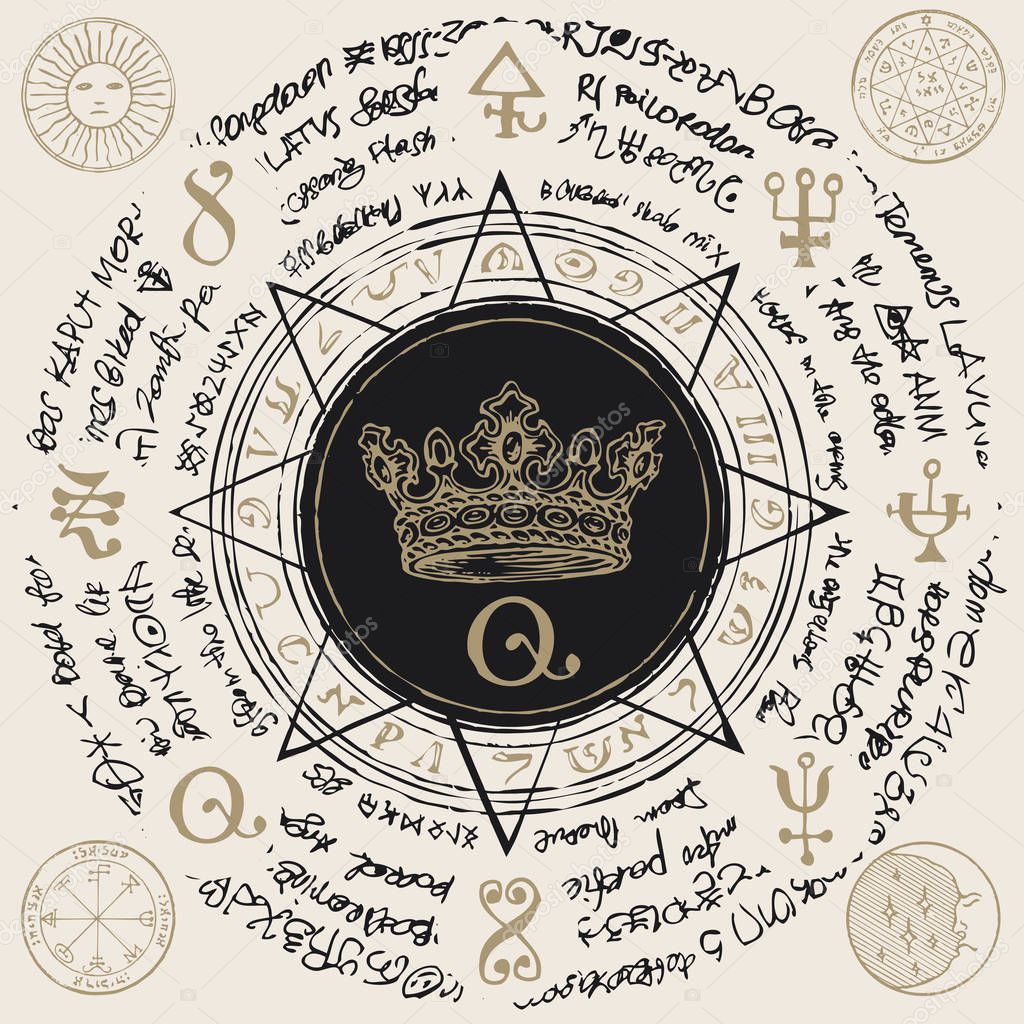 Illustration of a crown inside an octagonal star with handwritten magic inscriptions and symbols. Vector banner with an old manuscript in retro style written in a circle.