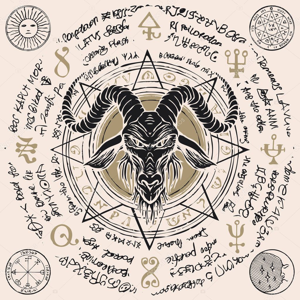 Vector banner with illustration of the head of a horned goat and octagonal star inscribed in a circle. The symbol of Satanism Baphomet on the background of old manuscript written in a circle