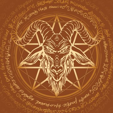 Vektör afiş bir boynuzlu keçi ve bir daire içinde yazılı pentagram Başkanı gösterimi ile. Satanizm Baphomet sembolü retro tarzı bir daire içinde yazılı eski el yazması arka plan üzerinde