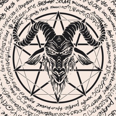 Vektör afiş bir boynuzlu keçi ve bir daire içinde yazılı pentagram Başkanı gösterimi ile. Satanizm Baphomet sembolü retro tarzı bir daire içinde yazılı eski el yazması arka plan üzerinde