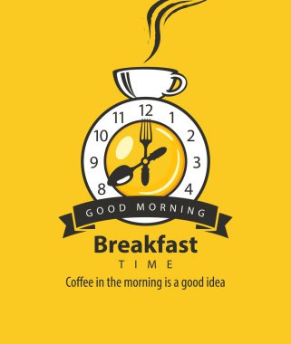 Kahvaltı saati bir saat kızarmış yumurta, çatal ve kaşık, elinde saatler şeklinde ve retro tarzı sarı bir arka plan üzerinde sıcak içecek fincan ile temanın vektör afiş.