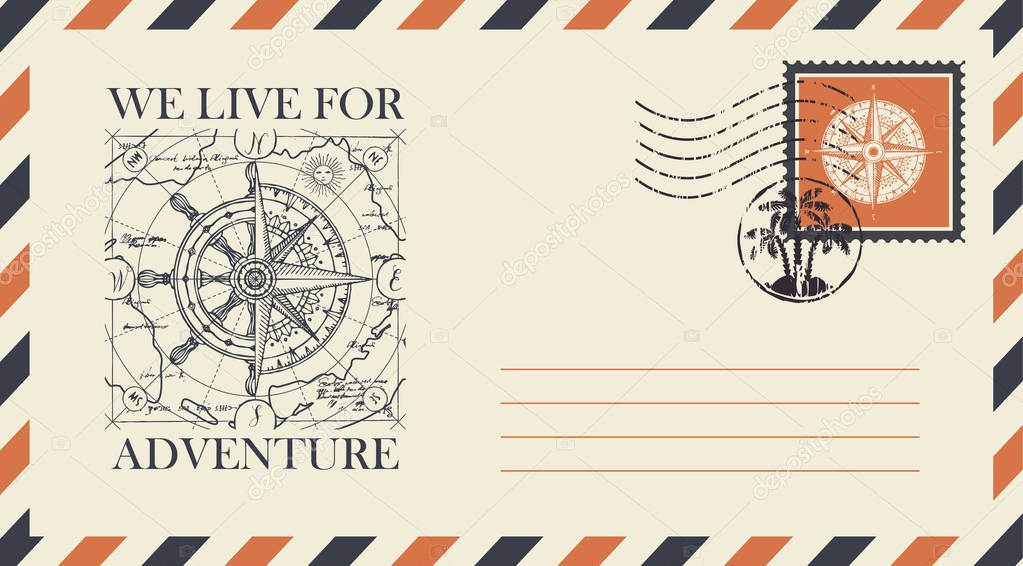 Postal envelope with postage stamp and postmark in retro style. Illustration on the theme of travel with a wind rose, old nautical compass and steering wheel on the background of old map
