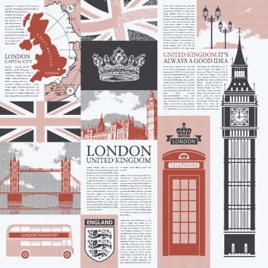 Vektör kesintisiz Londra ve Birleşik Krallık'teması ile gazete yayınları, mimari tarihi yerler, İngiliz semboller ve retro tarzı bayrağı özgeçmişlerine. Duvar kağıdı veya Ambalaj Kağıt kullanılabilir