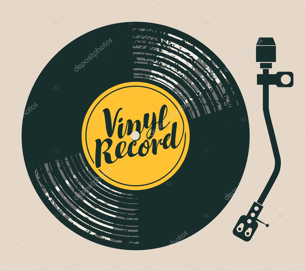 Vector poster or cover with vinyl record, record player and calligraphic lettering in retro style