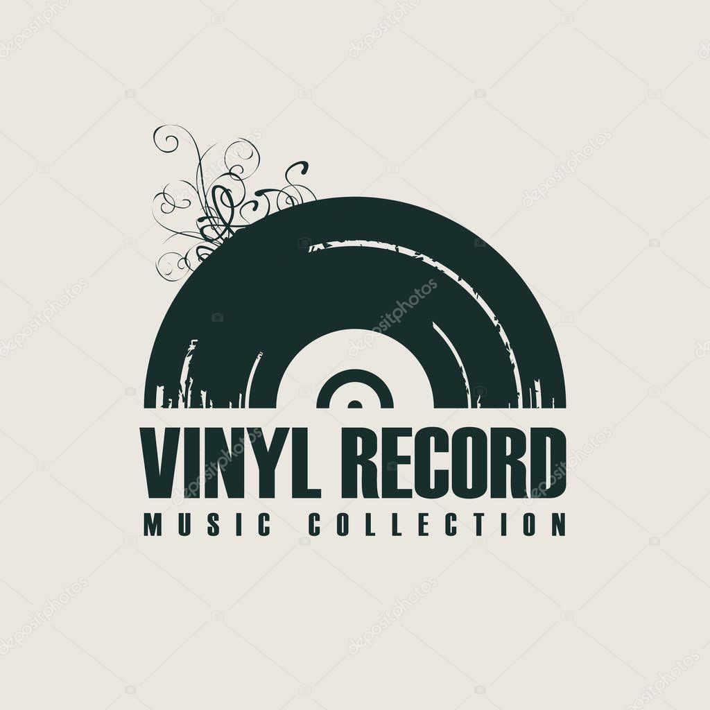 Vector music icon or logo with black vinyl record in retro style with words Vinyl record, Music collection