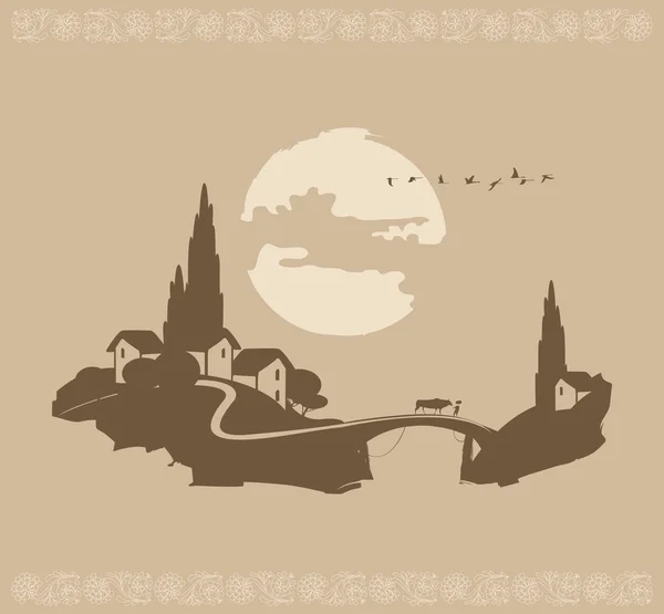 Vector Landscape Chinese Village Cow Bridge Flying Flock Birds Sunset Stock Vector