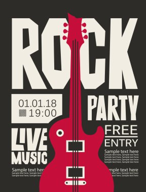 Vektör poster canlı müzik eşliğinde Rock partisi için. Metin için yer ile banner ve siyah arka plan üzerinde kırmızı bir elektro gitar.