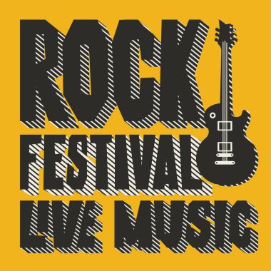 Vektör posteri veya başlığı sarı zemin üzerine bir elektro gitar ile canlı müzik Rock Festivali için. T-shirt tasarım modern tarzı için yaratıcı yazı