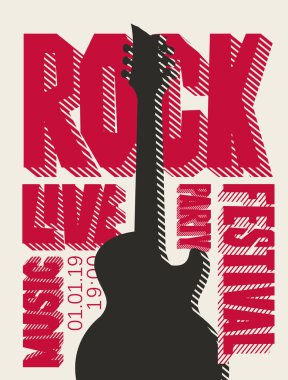 Vektör poster Rock parti ya da canlı müzik festivali için. Kırmızı yazı ve siyah elektro gitar ile banner