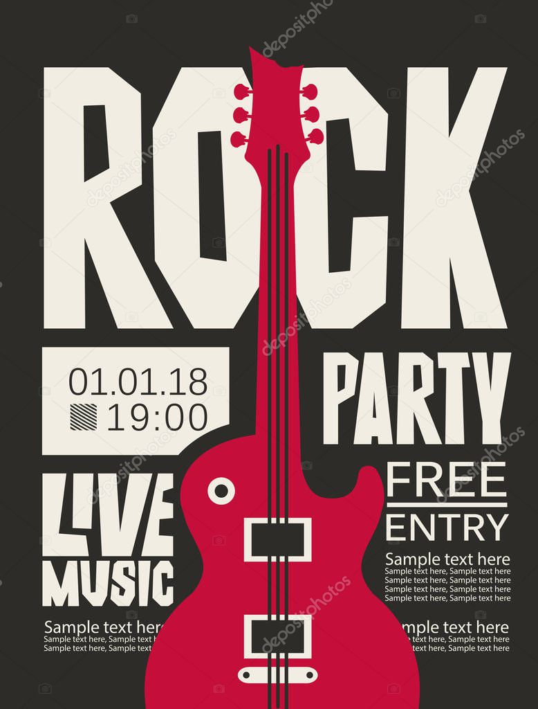 Vector poster for Rock party with live music. Banner with place for text and a red electric guitar on the black background.