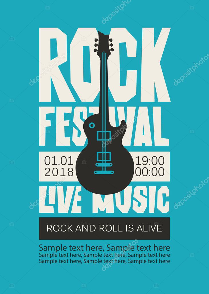 Vector poster or banner for Rock Festival of live music with an electric guitar and place for text. Rock and roll is alive