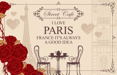 Paris street Cafe masa ve sandalyeler ile eski binalar ve Eyfel Kulesi manzaralı için vektör menüsü. Romantik vektör çizim ile ben Paris, kırmızı gül ve retro tarzı kalbimizde de sever