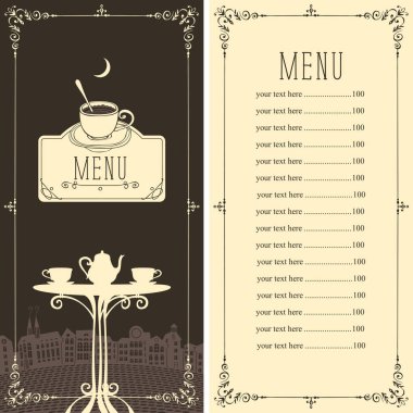 Menü bir kafe ya da restoran ile birlikte bir çerçeve fiyat listede için retro tarzında bukleler. Çaydanlık ve bardak arka planda gece eski Avrupa şehri ve ay bir tabloyla vektör çizim