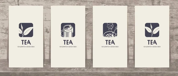 Conjunto Quatro Cartões Visita Vetoriais Com Desenhos Sobre Tema Chá — Vetor de Stock
