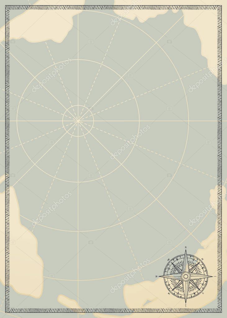 Old vintage paper with wind rose compass sign. Vector illustration on the theme of travel, adventure and discovery on the background of an old map. Pirate map concept.