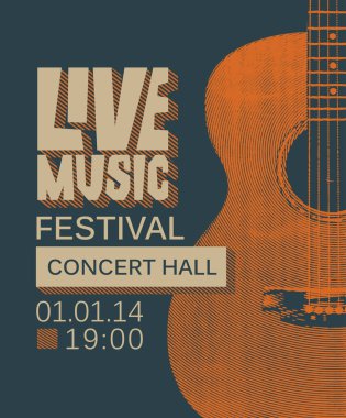 Vektör başlık sayfası veya poster için koyu renk arka plan üzerinde retro tarzı gitar ile canlı müzik festivali