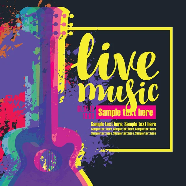 Affiche musicale live avec guitares acoustiques multicolores — Image vectorielle