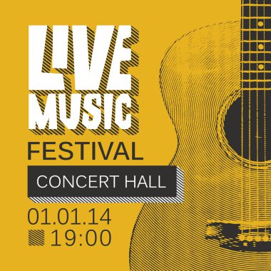 Vektör başlık sayfası veya poster sarı zemin üzerine retro tarzı gitar ile canlı müzik festivali için