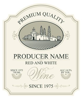 Kırmızı ve beyaz şarap ile retro tarzı Avrupa köyde figürlü çerçevesindeki kaligrafi bir yazıt ile bir manzara için vektör etiket