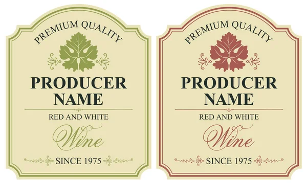 Asma yaprağı ve kaligrafi yazıtlar figürlü çerçeve içeren iki vektör şarap etiketleri kümesi.