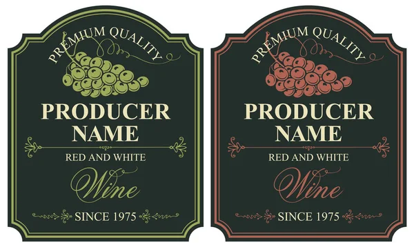 Set Dos Etiquetas Vectoriales Para Vino Tinto Blanco Con Racimos — Vector de stock