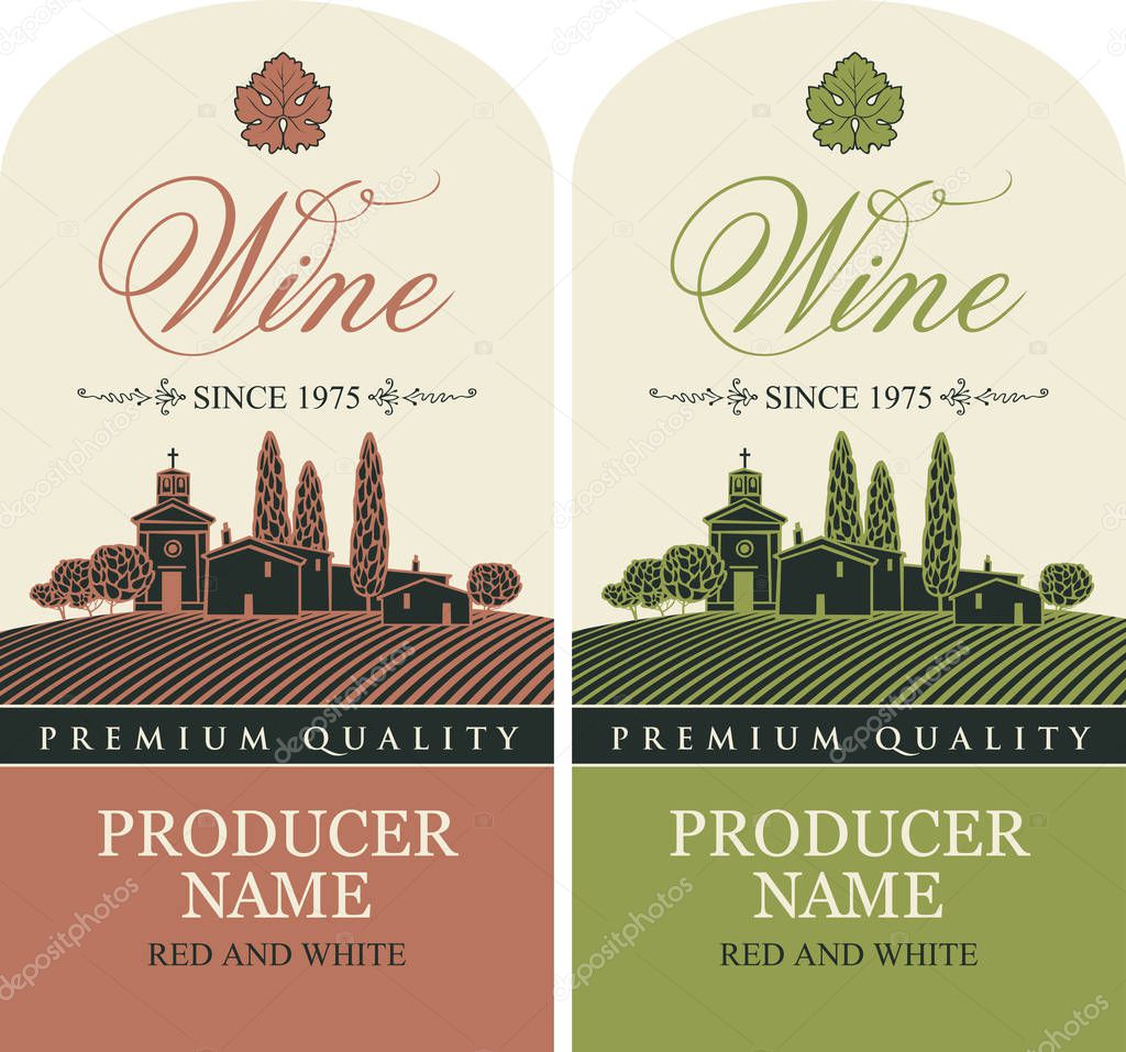Set of vector labels for red and white wine with a landscape of the european village in retro style with a calligraphic inscription