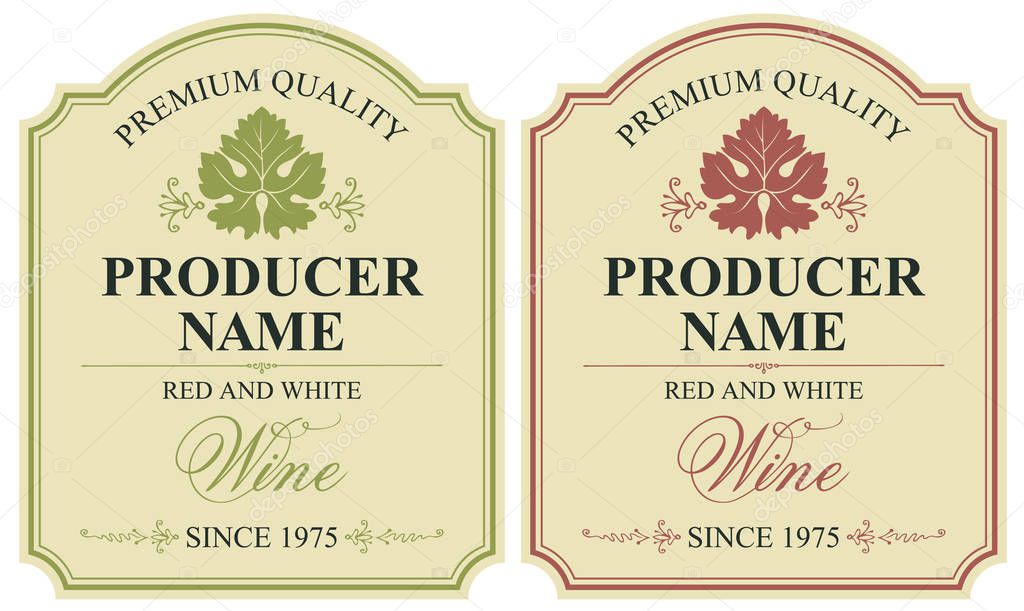 Set of two vector wine labels with vine leaves and calligraphic inscriptions in figured frame.